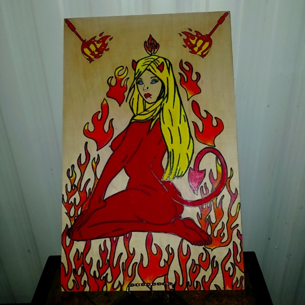 Handpainted wooden demon girl picture